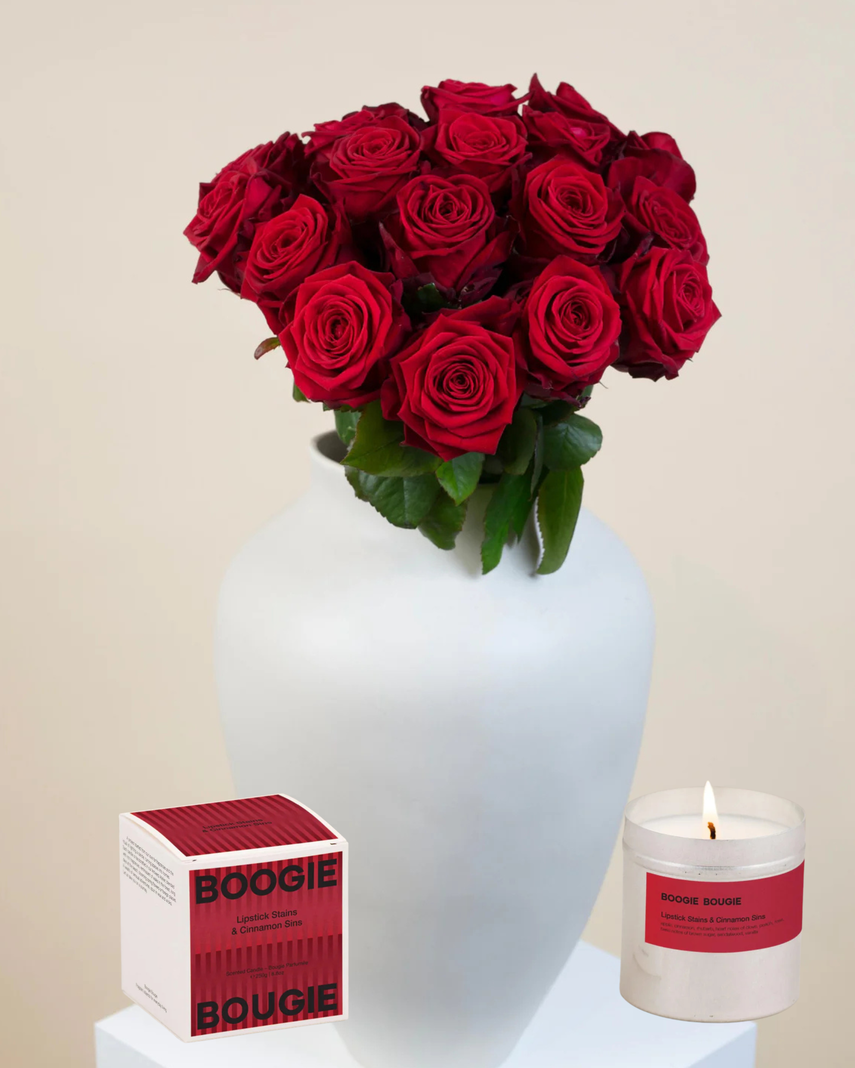 Dozen Red Roses & Cinnamon Candle Bundle