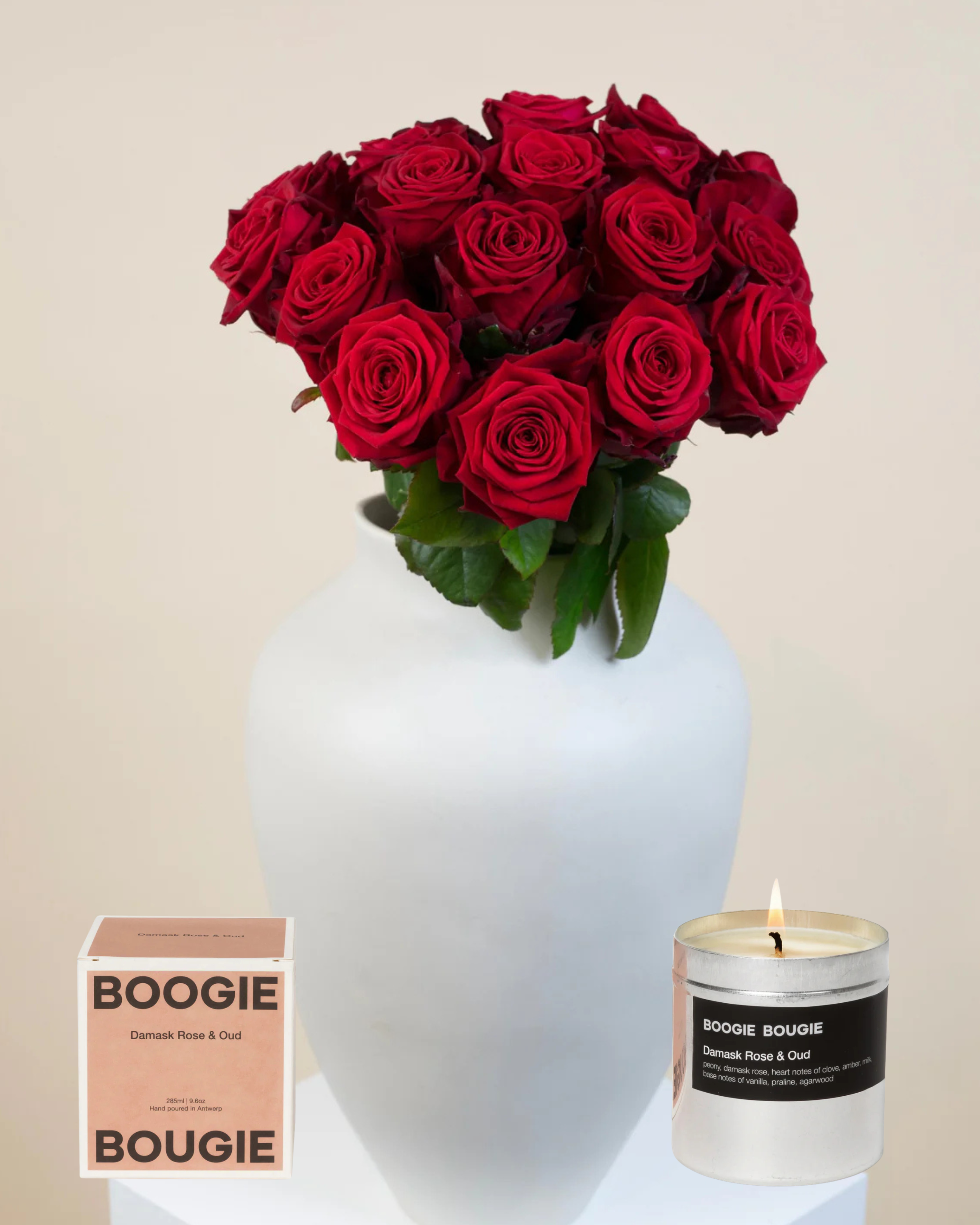 Dozen Red Roses & Damask Rose Candle Bundle