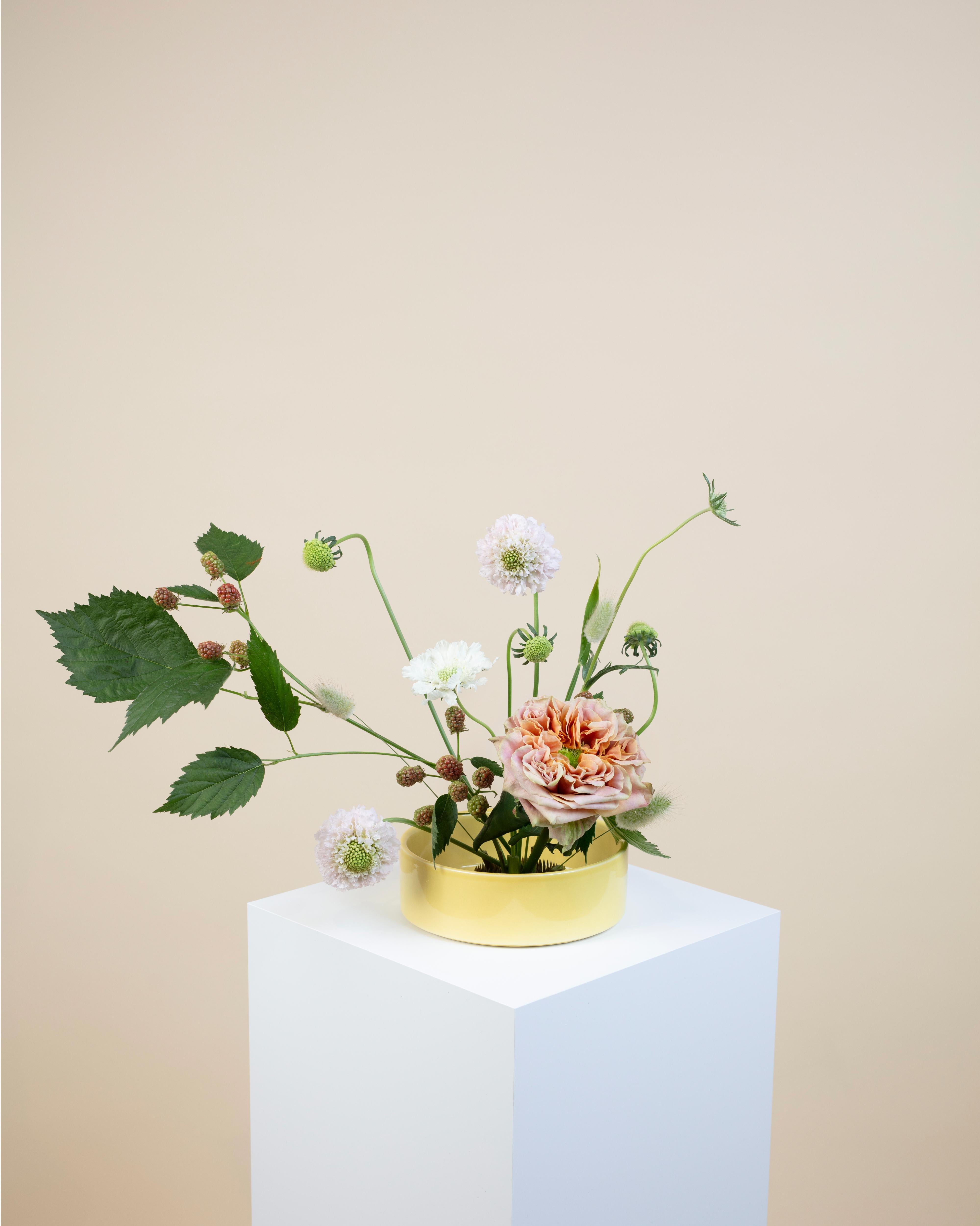 Ikebana Yellow Dish with Flowers