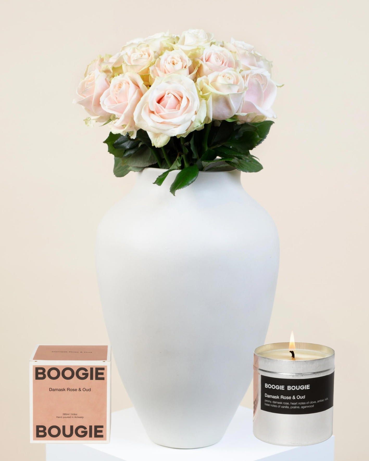 Dozen Pink Roses & Damask Rose Candle Bundle