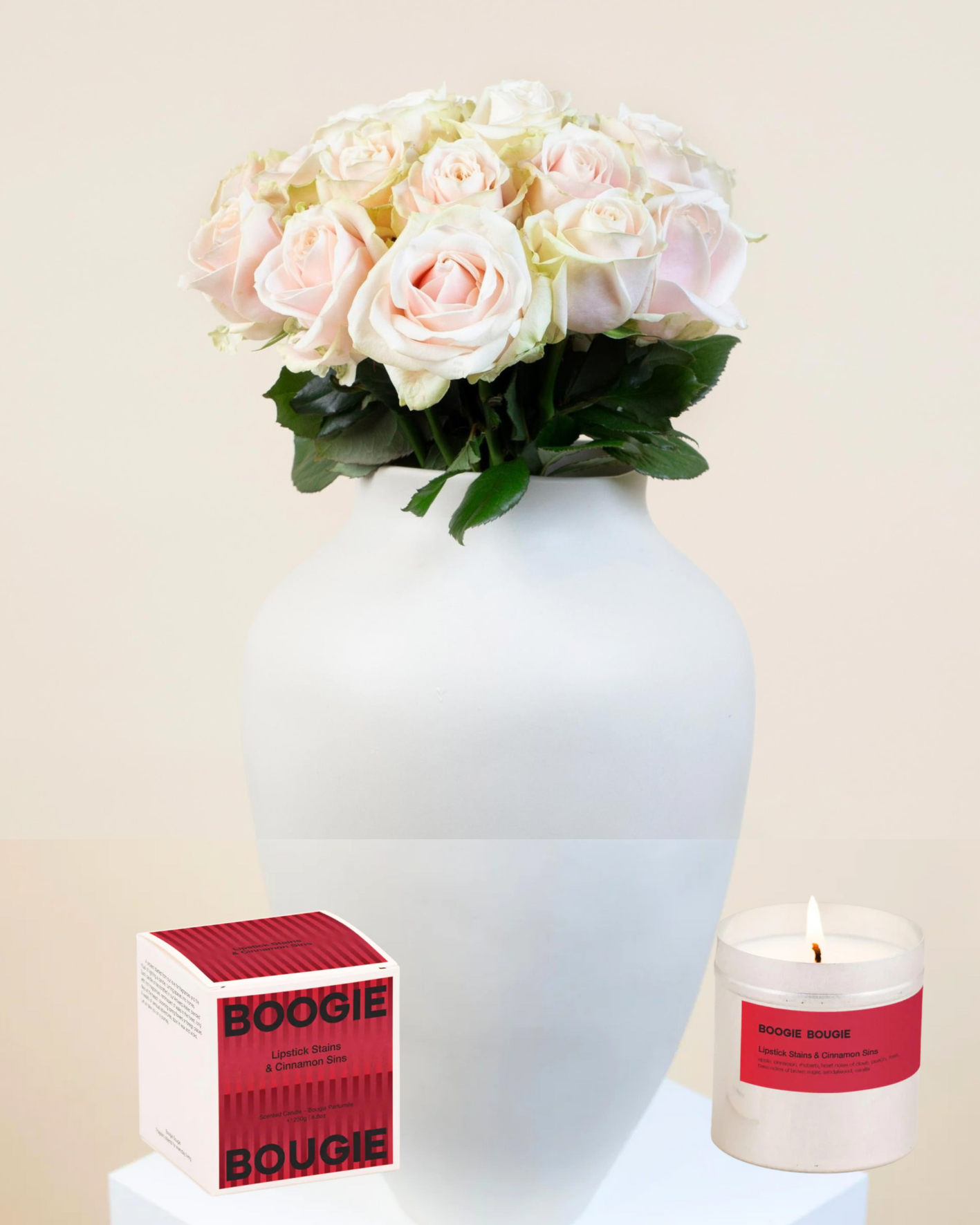 Dozen Pink Roses & Cinnamon Candle Bundle